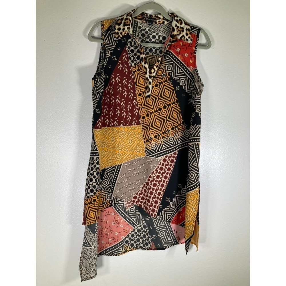 New Directions Womens M Sleeveless Patchwork Tunic Leopard Collar Multi Color M